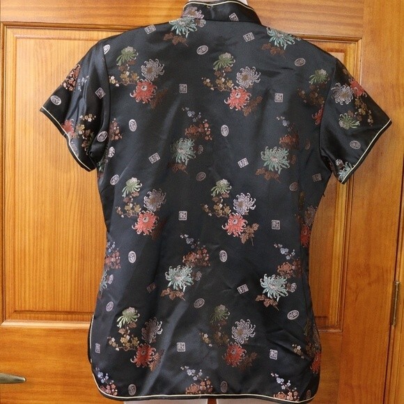Solz Squirrel Black Oriental Asian Floral Embroidered Geisha Top Vintage 42 - Picture 3 of 16